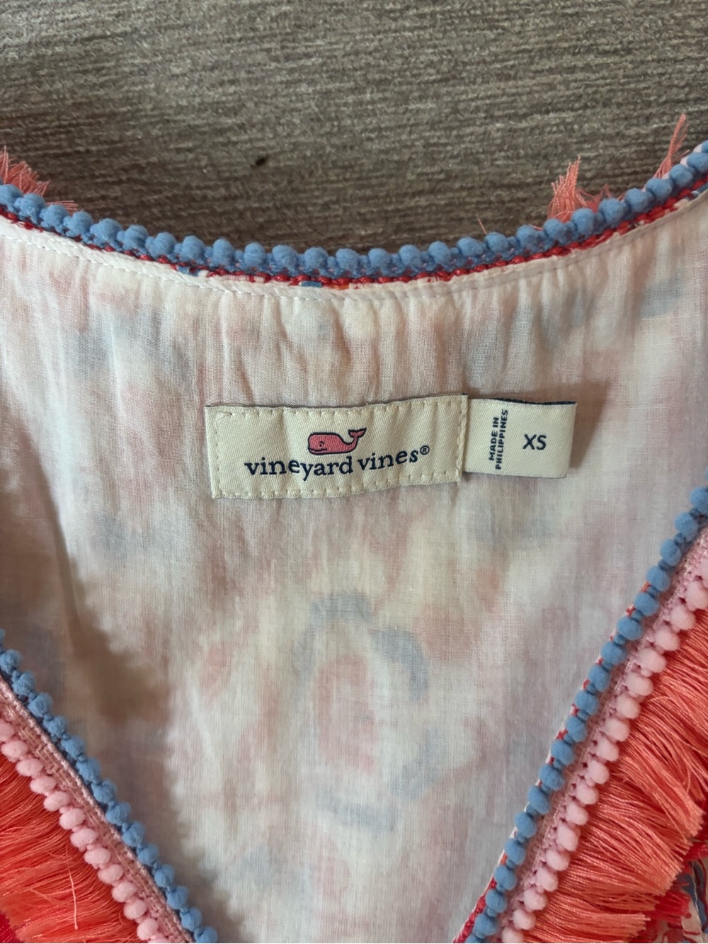 Vineyard Vines Pink Tie-Dye Top with Coral Fringe and Blue Pom Trim